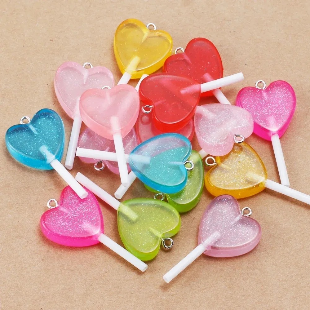 Resin Art And Deco - 10Pcs Kawaii Sparkly Heart Lollipop Resin